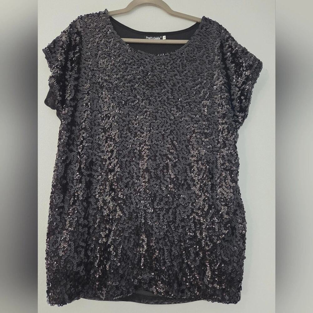 PrettyGuide Black Sequin Top Women’s L Short Sleeve Cocktail Party Evening